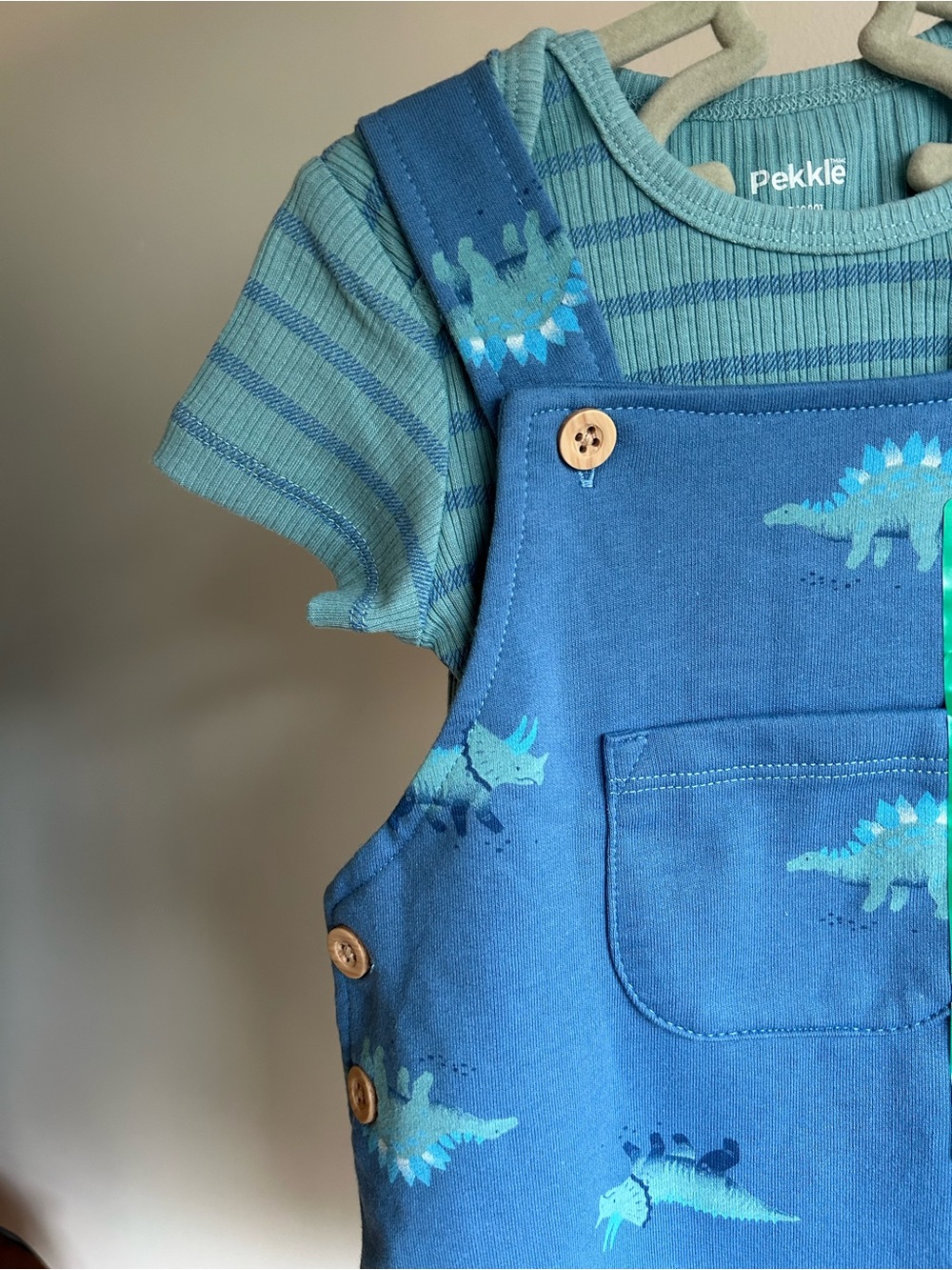 Blue Dino Overalls 3 Piece Set for Kids - Pekkle